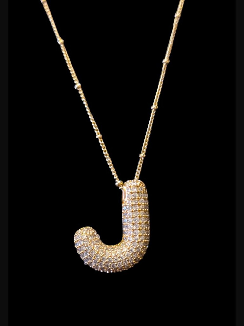 Bubble Letter Pave Crystal Initial J Open Work Heart Pendant Gold 19.5" Chain